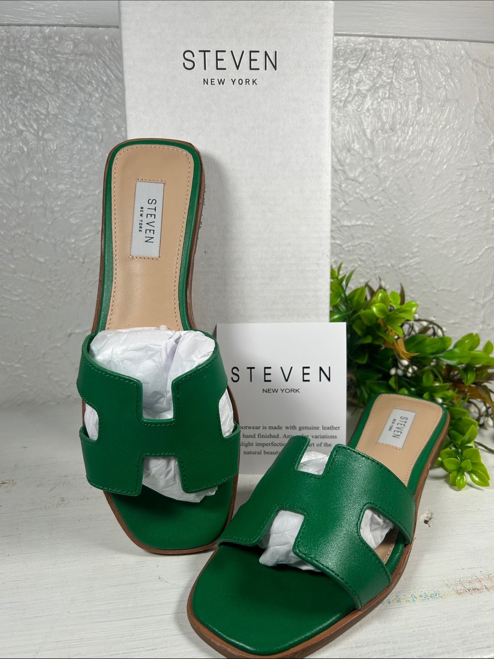 🆕Steven New York HADYN Green Leather Slide In Mules Flat Sandal NWTBoxed - Picture 3 of 16